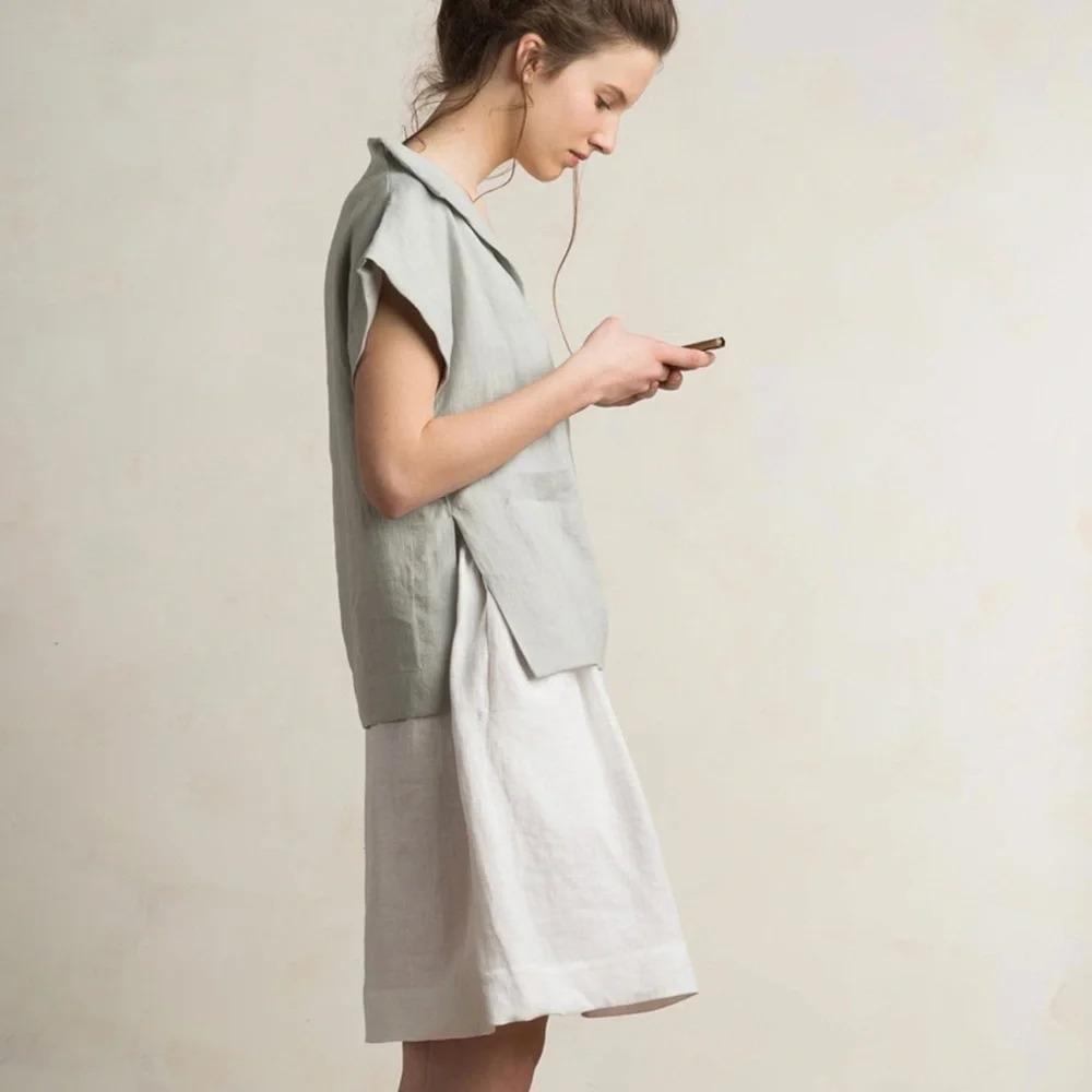 LHI Lithuanian 100% Linen Cap Sleeve Top Blouse in Dove Gray  Size XS